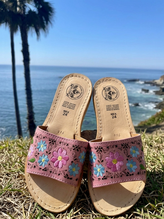 Primavera Hand Embroidered Pink Leather Floral Huaraches