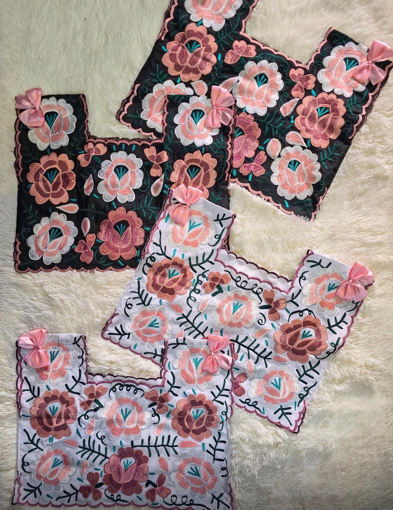 Coquetta Hand-Embroidered Pink Floral Taffeta Top with Satin Bows