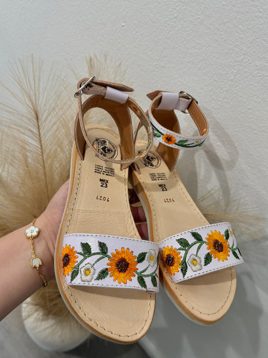 Sunflower Girasol Embroidery White Leather Ankle Strap Huaraches