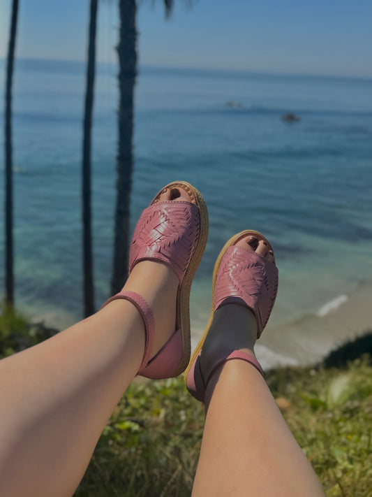 Woven Leather Ankle Strap Platform Huaraches in Blush Pink