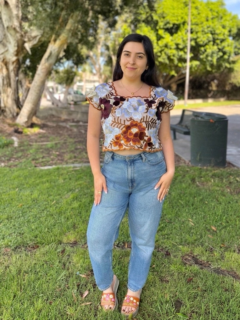 Autumn Coquetta Hand-Embroidered Taffeta Top with Satin Bows