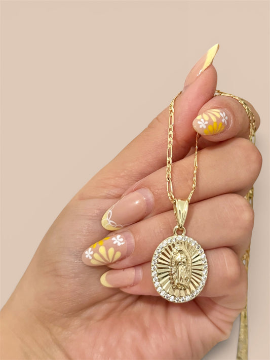 Virgin Mary Oval Zirconia Figaro Stainless Steel Necklace