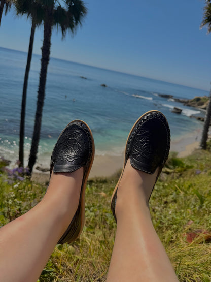 Patria Black Leather Huarache Flats