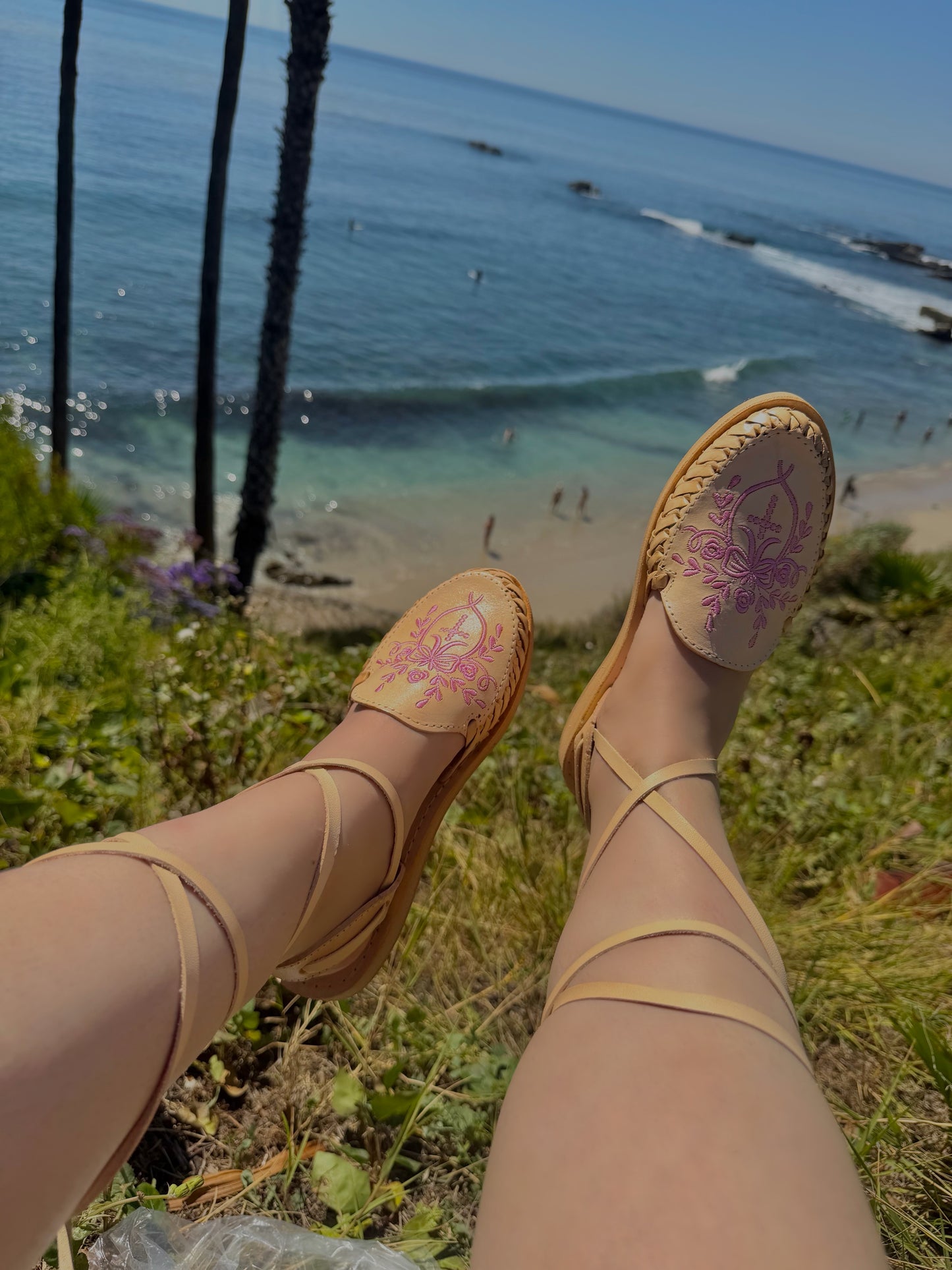 Pink Cross Lace Up Natural Leather Huaraches