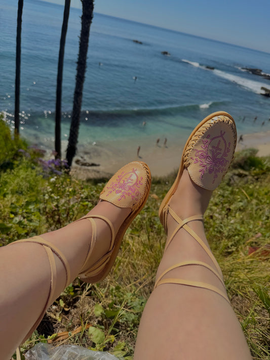 Pink Cross Lace Up Natural Leather Huaraches