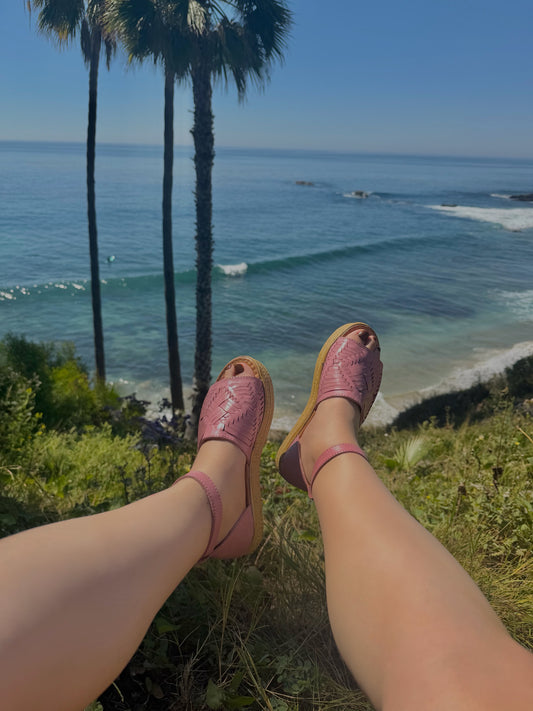 Woven Leather Ankle Strap Platform Huaraches in Blush Pink