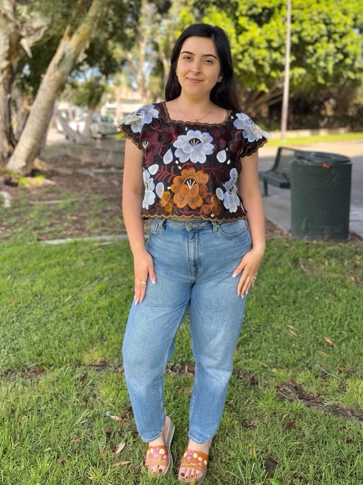 Autumn Coquetta Hand-Embroidered Taffeta Top with Satin Bows