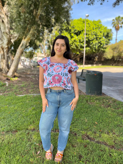 Coquetta Hand-Embroidered Pink Floral Taffeta Top with Satin Bows