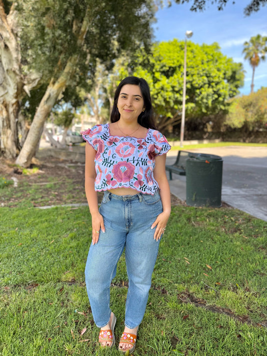 Coquetta Hand-Embroidered Pink Floral Taffeta Top with Satin Bows