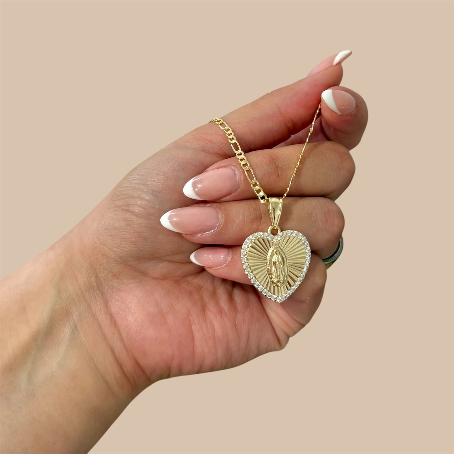 Virgin Mary Heart Zirconia Figaro Stainless Steel Necklace
