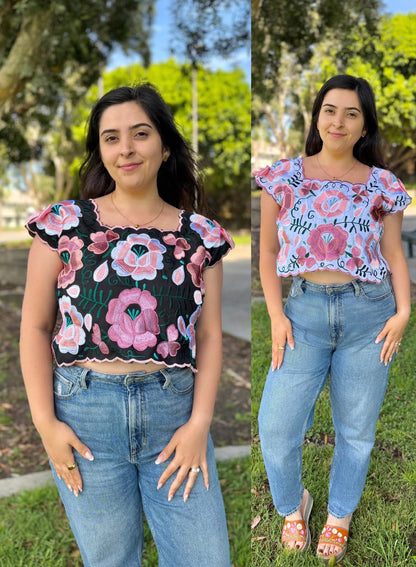 Coquetta Hand-Embroidered Pink Floral Taffeta Top with Satin Bows