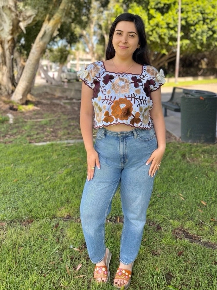 Autumn Coquetta Hand-Embroidered Taffeta Top with Satin Bows