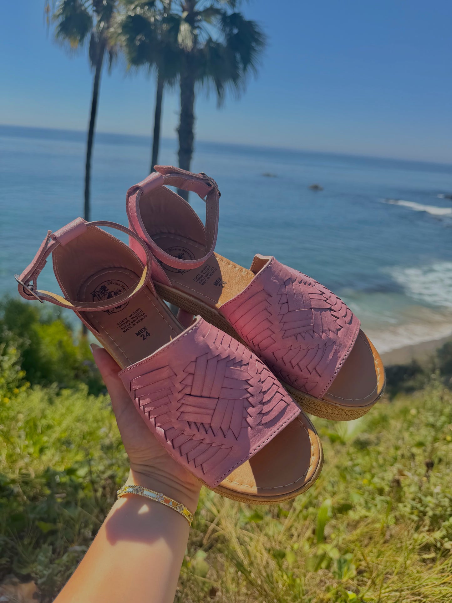 Woven Leather Ankle Strap Platform Huaraches in Blush Pink