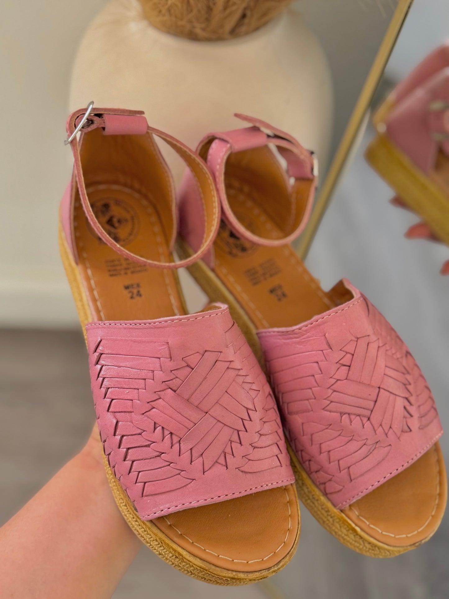 Woven Leather Ankle Strap Platform Huaraches in Blush Pink
