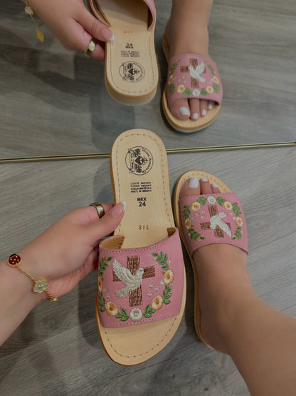 White Dove & Cross Espíritu Santo Embroidered Blush Leather Huaraches