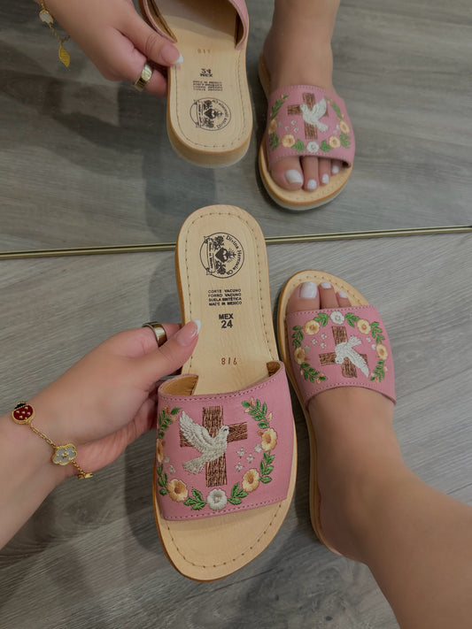 White Dove & Cross Espíritu Santo Embroidered Blush Leather Huaraches