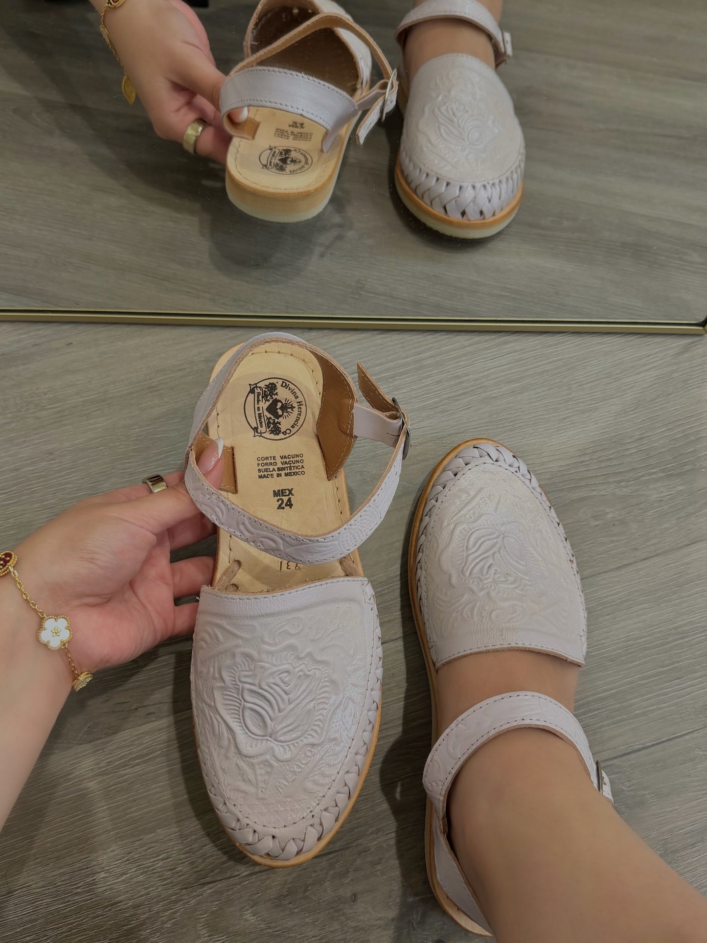 White Floral Leather Huaraches with Ankle Strap