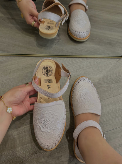 White Floral Leather Huaraches with Ankle Strap
