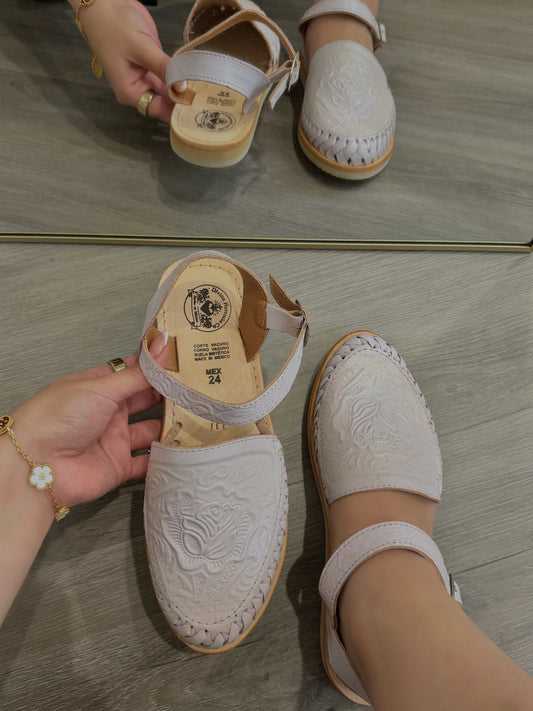 White Floral Leather Huaraches with Ankle Strap