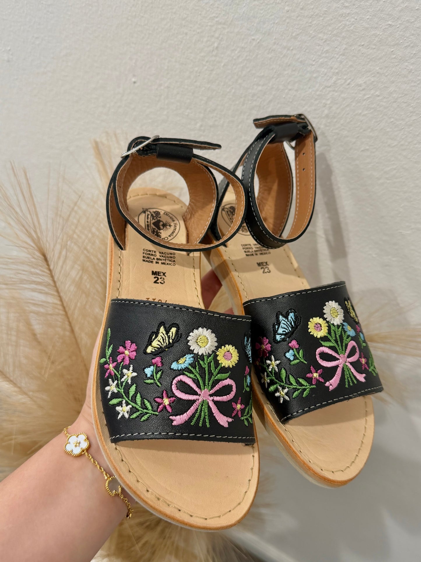 Colorful Florals and Butterflies Black Leather Huaraches