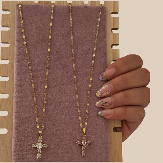 Cross Zirconia Necklaces (Pink and White) Stainless Steel 18inch