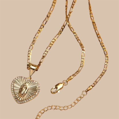Virgin Mary Heart Zirconia Figaro Stainless Steel Necklace
