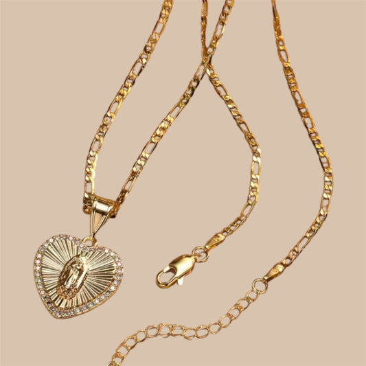 Virgin Mary Heart Zirconia Figaro Stainless Steel Necklace