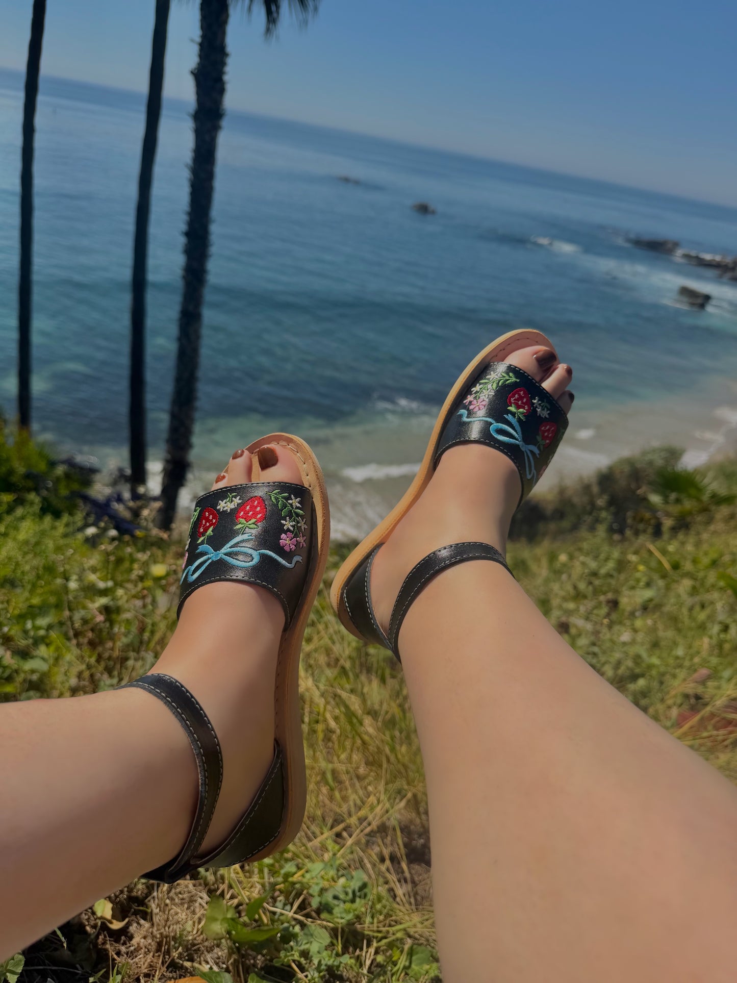 Fresa & Blue Bow Embroidered Leather Huaraches