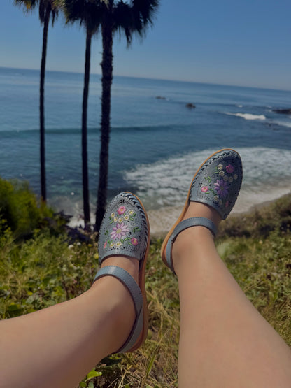 Cielo Floral Embroidered Dusty Blue Leather Huaraches