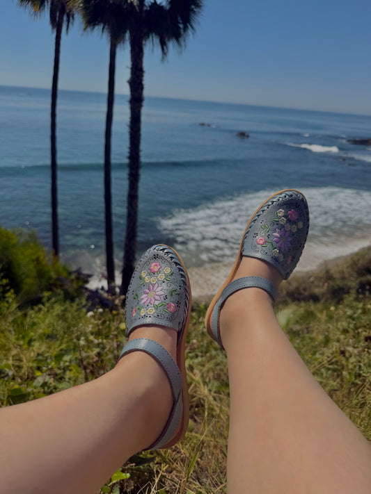 Cielo Floral Embroidered Dusty Blue Leather Huaraches