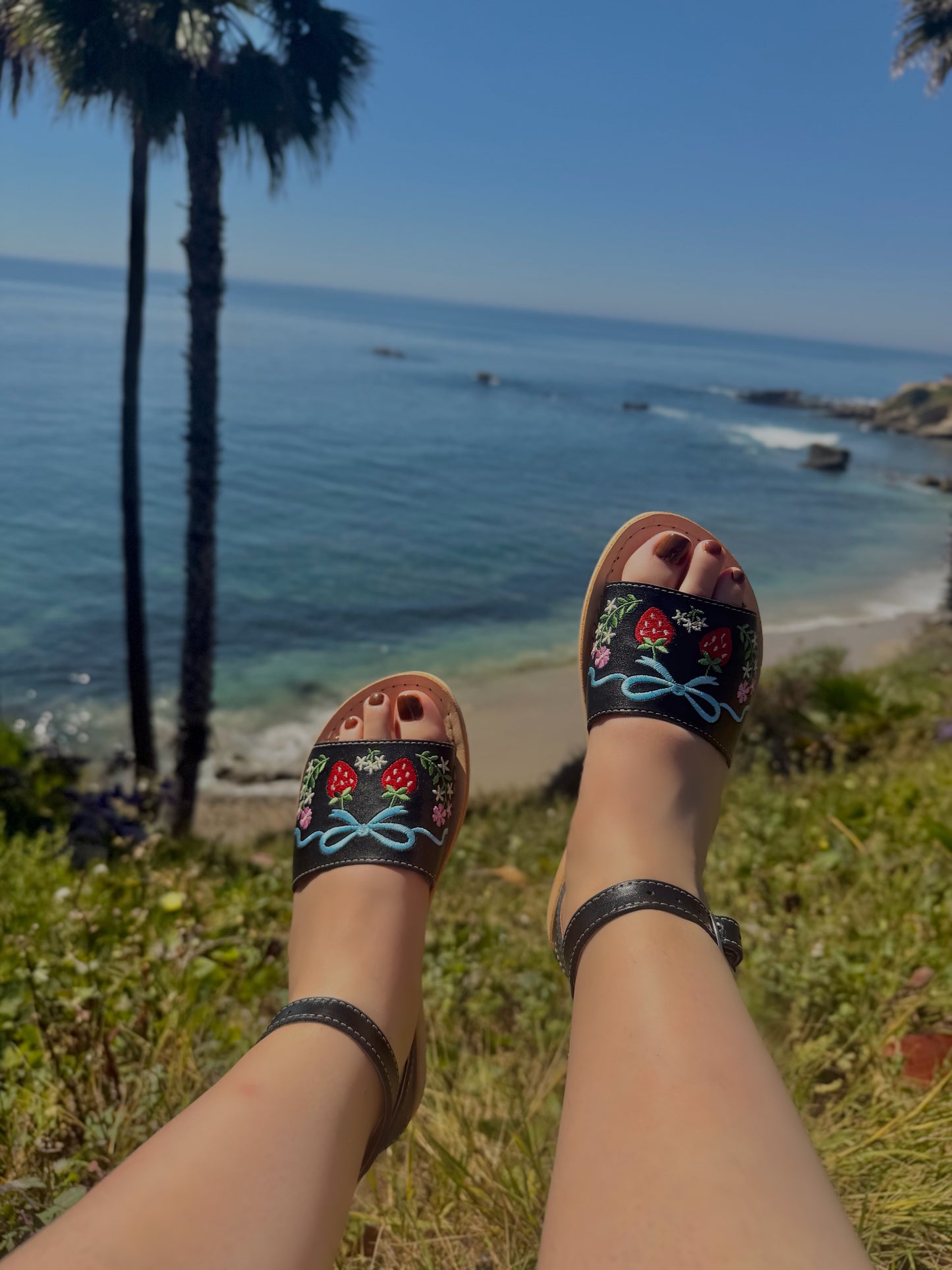 Fresa & Blue Bow Embroidered Leather Huaraches