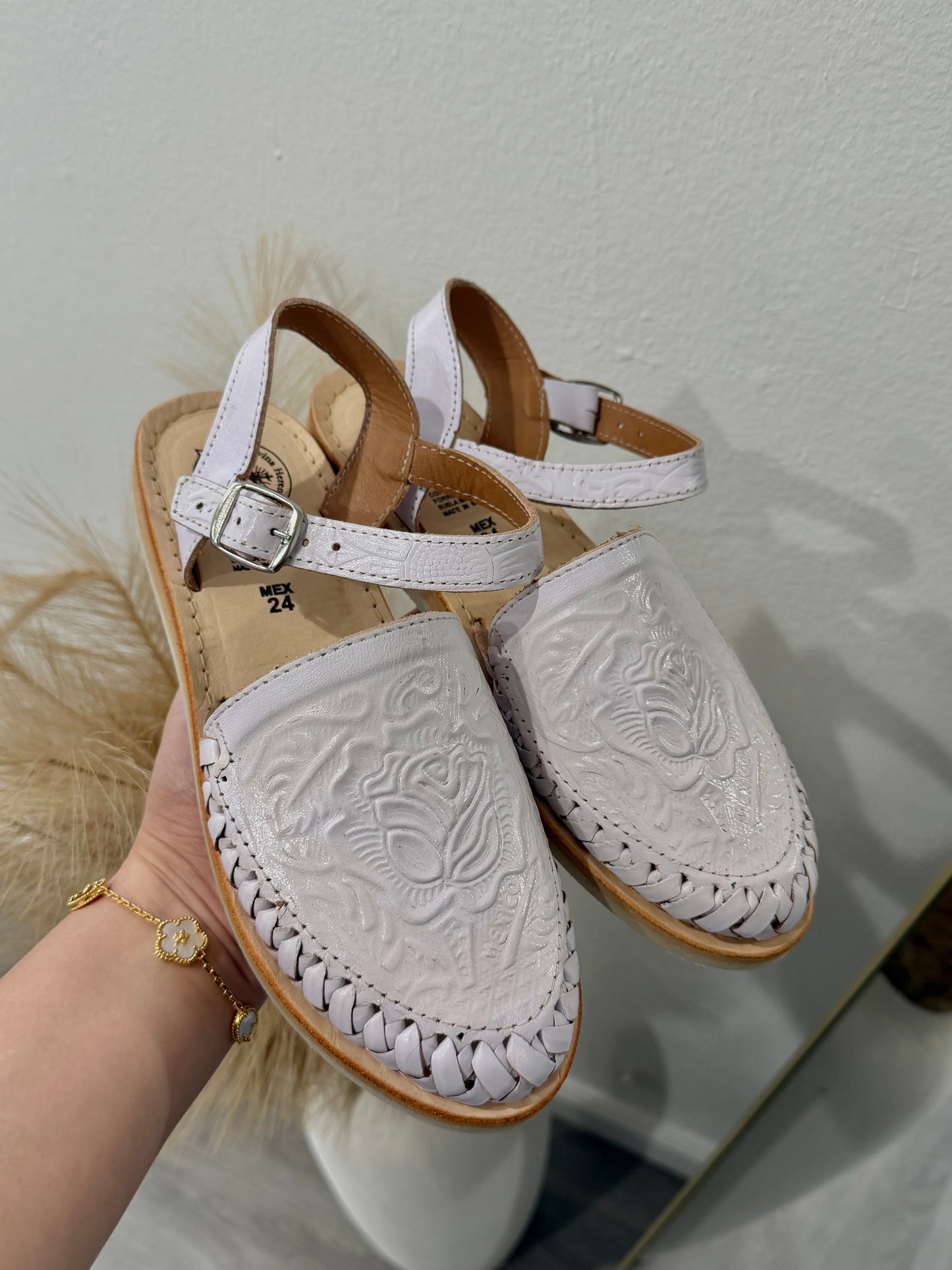 White Floral Leather Huaraches with Ankle Strap