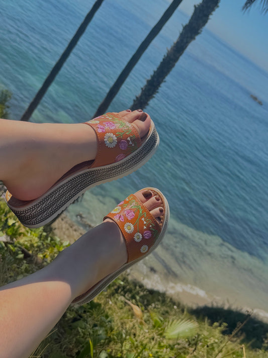 Floral & Butterfly Embroidered Leather Platform Huaraches
