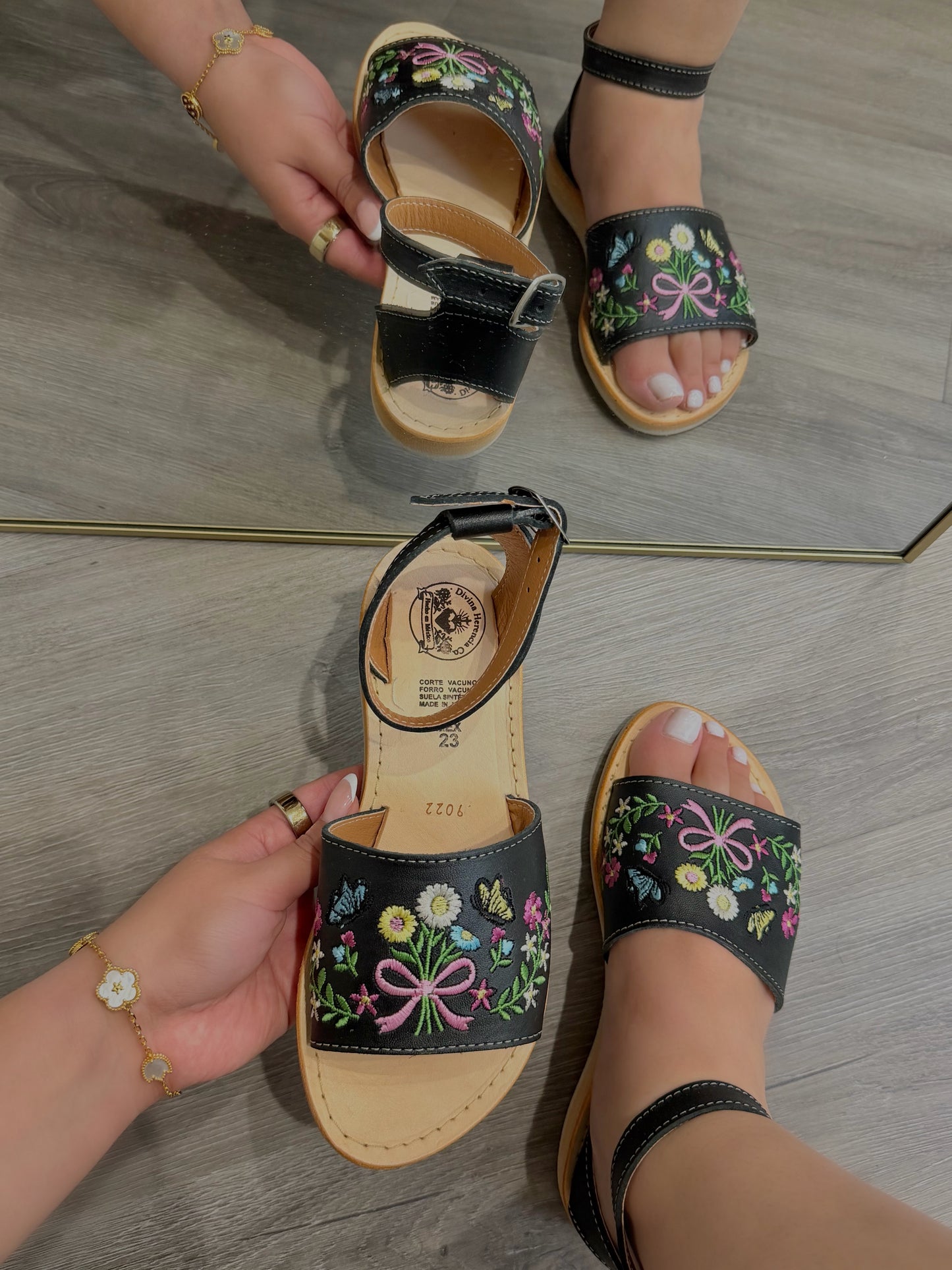 Colorful Florals and Butterflies Black Leather Huaraches