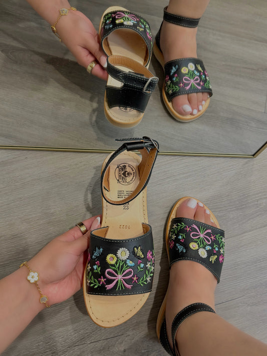 Colorful Florals and Butterflies Black Leather Huaraches