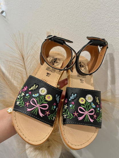 Colorful Florals and Butterflies Black Leather Huaraches