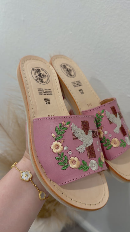 White Dove & Cross Espíritu Santo Embroidered Blush Leather Huaraches