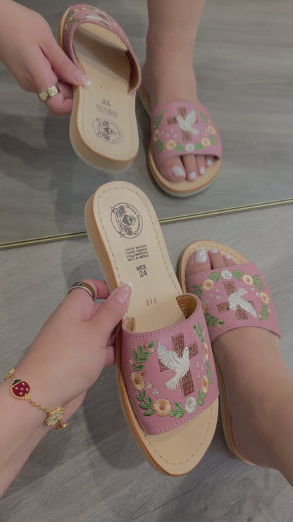 White Dove & Cross Espíritu Santo Embroidered Blush Leather Huaraches