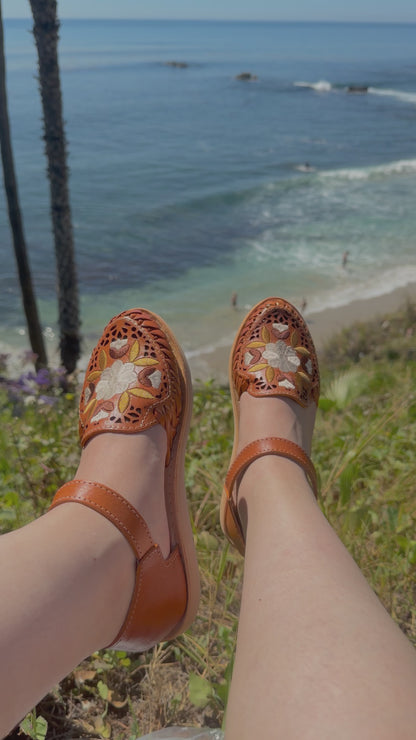 Canela Floral Sunburst Embroidery Ankle Strap Huaraches