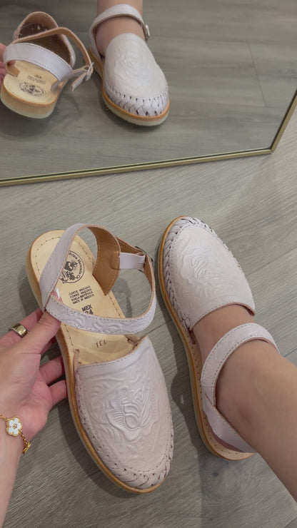 White Floral Leather Huaraches with Ankle Strap