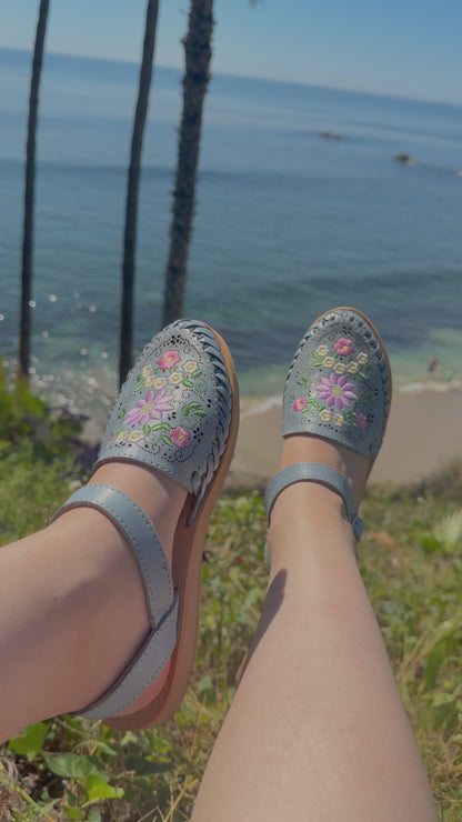 Cielo Floral Embroidered Dusty Blue Leather Huaraches