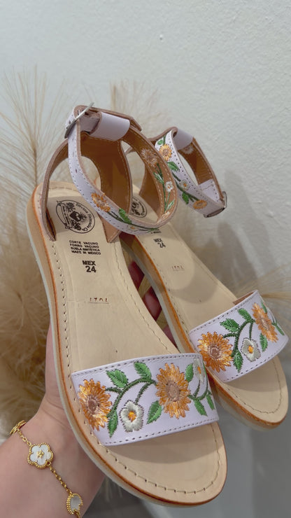 Pastel Sunflower Girasol Embroidery White Leather Ankle Strap Huaraches