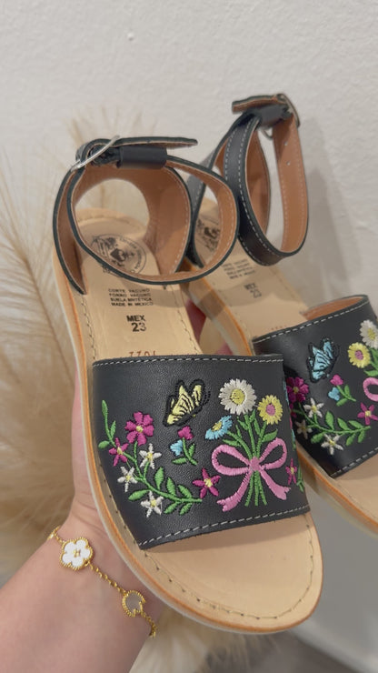 Colorful Florals and Butterflies Black Leather Huaraches