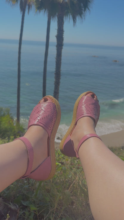 Woven Leather Ankle Strap Platform Huaraches in Blush Pink