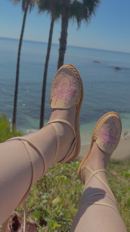 Pink Cross Lace Up Natural Leather Huaraches